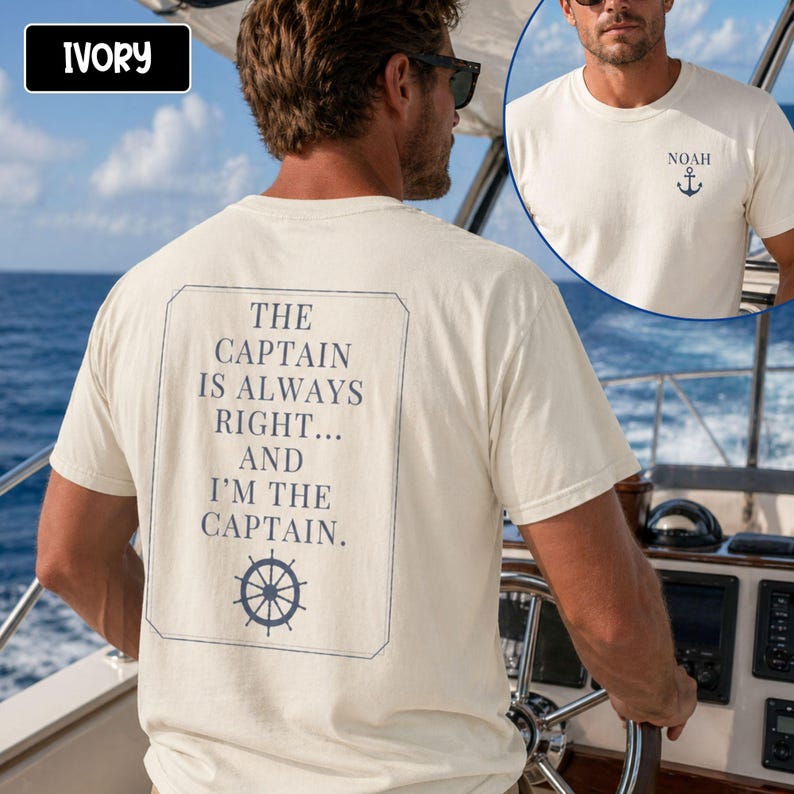 Pu&ograve; includere: T-shirt color avorio con la scritta "THE CAPTAIN IS ALWAYS RIGHT... AND I'M THE CAPTAIN" sul retro. Sul davanti &egrave; presente il nome "NOAH" e un'ancora. La persona indossa occhiali da sole ed &egrave; su una barca.