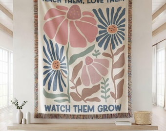 Teacher Floral Woven Blanket, Teacher Appreciation Gift, Retirement Gift for Teacher, Teacher Throw Blanket, Boho Teacher Blanket Gift