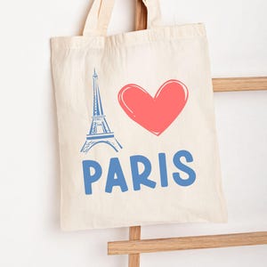 I LOVE PARIS Canvas Tote Bag, Eiffel Tower Tote, French Travel Gift, Paris Market Tote, Cute Vintage Paris Shopper, France Lover Gift Bag