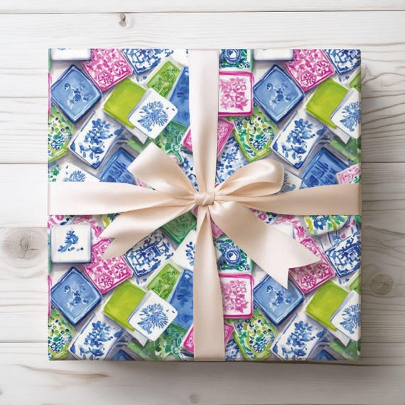 Mahjong Tile Wrapping Paper, Pink Blue Green Chinoiserie Gift Wrap, Preppy Floral Mahjong Print, Mahjong Gift Wrap Roll, Mahjong Lover Gift