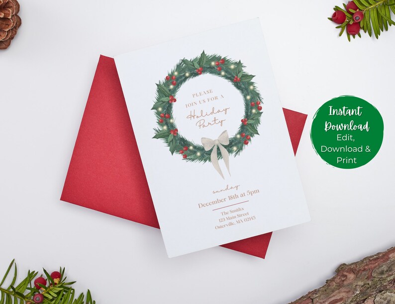 Printable Holiday Party Invitation Template | Editable Template | Watercolor Wreath | Editable ...
