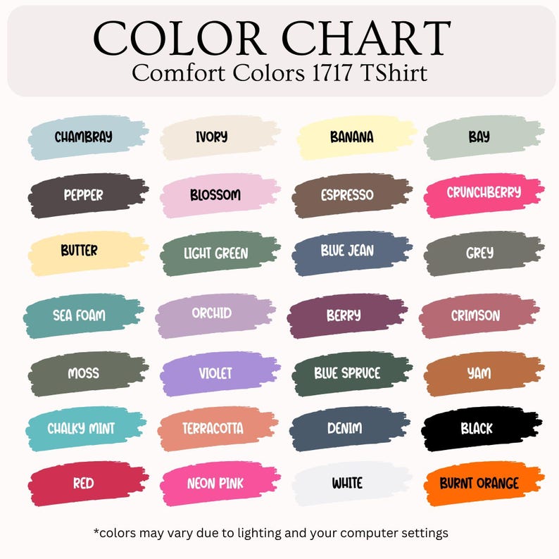 Pu&ograve; includere: Tabella colori per Comfort Colors 1717 TShirt, con una variet&agrave; di colori tra cui Chambray, Ivory, Banana, Bay, Pepper, Blossom, Espresso, Crunchberry, Butter, Light Green, Blue Jean e Grey. Ulteriori colori includono Sea Foam, Orchid, Berry, Crimson, Moss, Violet, Blue Spruce, Yam, Chalky Mint, Terracotta, Denim, Black, Red, Neon Pink, White e Burnt Orange.