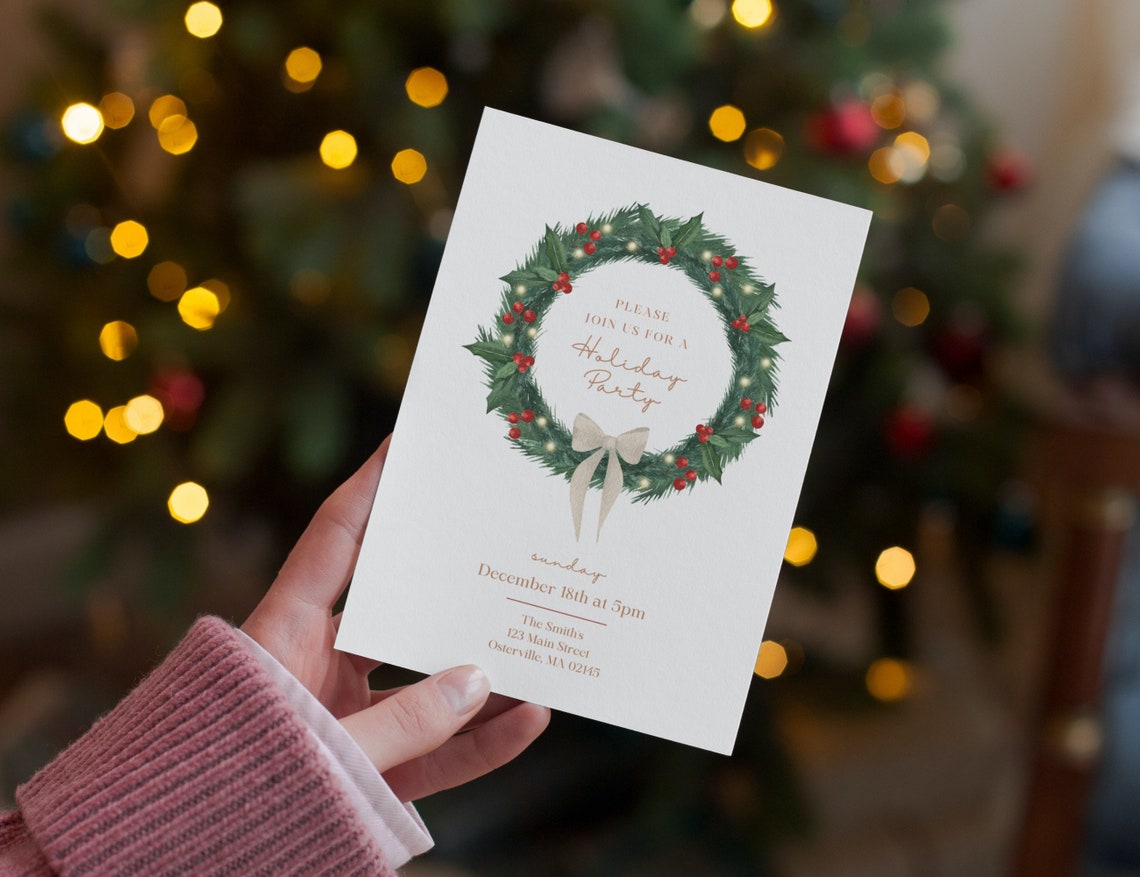 Printable Holiday Party Invitation Template | Editable Template | Watercolor Wreath | Editable ...