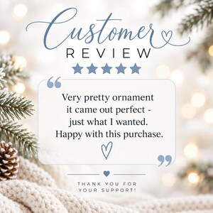 Puede incluir: Un gr&aacute;fico de rese&ntilde;a de cliente con el texto Customer Review, cinco estrellas azules, un cuadro de cita con el texto Very pretty ornament it came out perfect - just what I wanted. Happy with this purchase., y Thank you for your support.