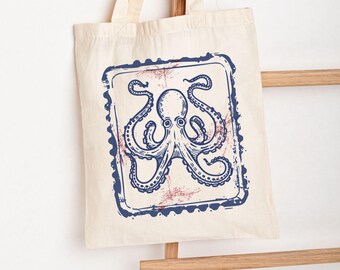 Octopus Canvas Tote Bag, Nautical Sea Creature Canvas Bag, Sea Animal Tote, Beach Eco Tote, Ocean Lover Tote, Octopus Stamp Vintage Tote
