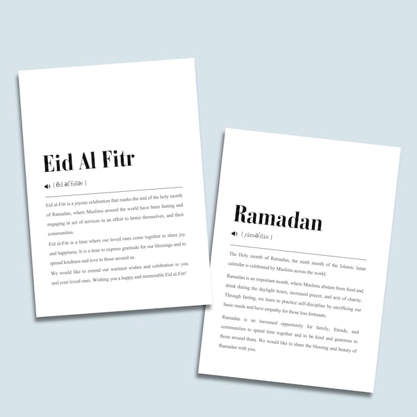 Simple Definition Ramadan and Eid Info Card, Ramadan and Eid Greeting Cards, 5 x 7 inch Card, Iftar Tray Card, Ramadan and Eid Notice Card