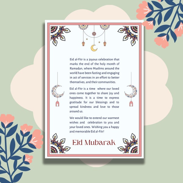 Happy Eid Mubarak Printable Card, Eid Info Card, Eid Al Fitr Digital Card