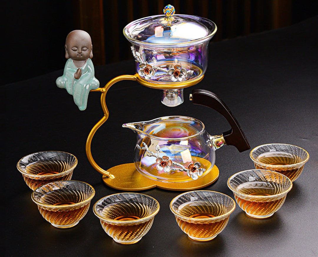 Glass Tea Brewing Set with Magnetic Automatic Dispenser - Masu Tea Dispenser + Six Teacups