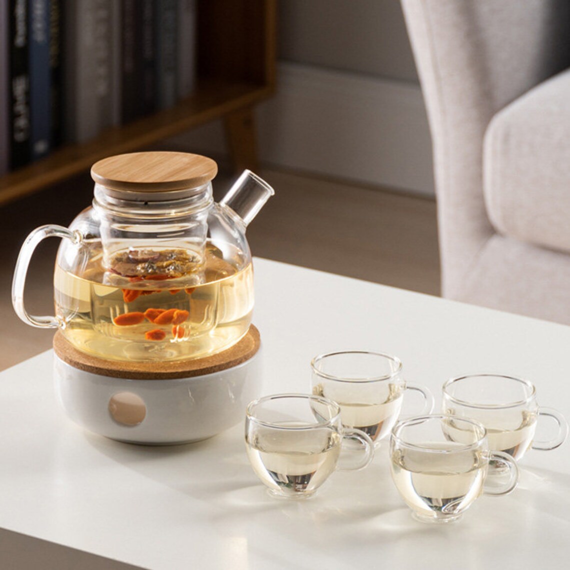 Clear Glass Flower Tea Potcandle Heated Tea Setfruit Tea Pot Etsy