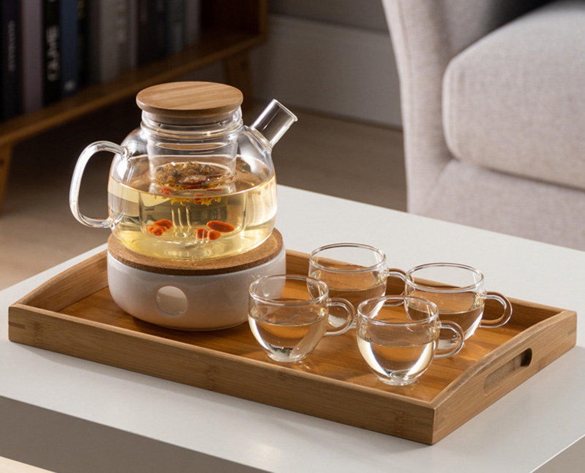 Clear Glass Flower Tea Potcandle Heated Tea Setfruit Tea Pot Etsy