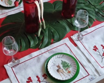 Sets de table design de fleurs rouges de Noël | Sets de table Set de 2, 4, 6 | Tapis de table à manger lavables | Cadeau de pendaison de crémaillère | Décoration intérieure