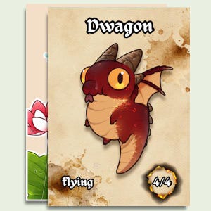 Pode incluir: Uma carta colecionável retangular com um dragão vermelho de desenho animado com grandes olhos amarelos, chifres e pequenas asas. O texto Dwagon está no topo, com a palavra flying e o número 4/4 na parte inferior em um fundo estilo pergaminho.