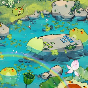 Puede incluir: Una ilustraci&oacute;n caprichosa de una escena de estanque con ranas de dibujos animados. Las ranas son de varios tonos de verde y amarillo, algunas pescando, otras descansando sobre rocas. El estanque tiene un arco&iacute;ris y nen&uacute;fares, con una flor de loto.