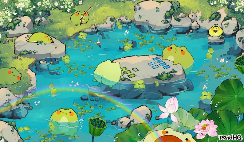 Puede incluir: Una ilustraci&oacute;n caprichosa de una escena de estanque con ranas de dibujos animados. Las ranas son de varios tonos de verde y amarillo, algunas pescando, otras descansando sobre rocas. El estanque tiene un arco&iacute;ris y nen&uacute;fares, con una flor de loto.