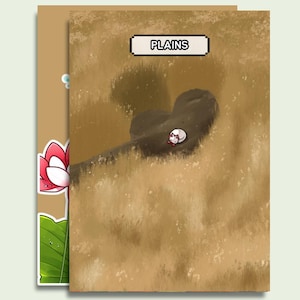 Puede incluir: Ilustración a dos páginas con un paisaje estilizado con la palabra "PLAINS" en una pancarta rectangular. Una pequeña criatura blanca con un lazo rojo descansa sobre una colina. Una flor de loto y una hoja están en el lado izquierdo.