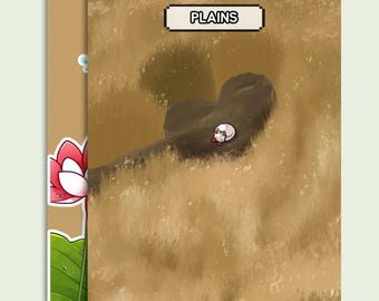 May include: Two-page illustration featuring a stylized landscape with the word "PLAINS" in a rectangular banner. A small, white creature with a red bow rests on a hill. A lotus flower and leaf are on the left side.