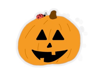 Sticker of a ladybug on a Jack-o-lantern