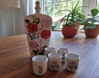 Kalocsa Porcelain Schnapps Set, Hungarian Floral Decanter and Shot Glasses