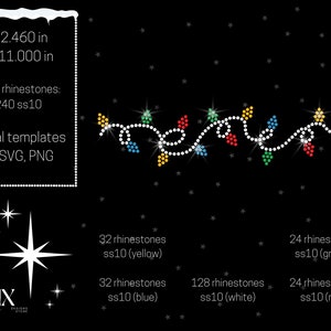 Puede incluir: Una plantilla digital para una cadena de luces navideñas hecha con diamantes de imitación. La plantilla incluye 240 diamantes de imitación en total, con 32 amarillos, 32 azules, 128 blancos, 24 verdes y 24 rojos. La plantilla tiene 2,46 pulgadas de alto y 11 pulgadas de ancho.
