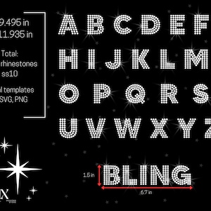 May include: Digital templates featuring rhinestone alphabet letters and the word "BLING" on a black background. The letters are made of small, sparkling rhinestones. The word "BLING" measures 17 cm wide and 3.8 cm high. The image is 24 cm high and 30 cm wide.