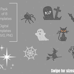 May include: A set of eight digital Halloween-themed templates featuring a spider, a tombstone, a bat, a ghost, a cat, a spiderweb, a witch, and a screaming ghost. The templates are in SVG and PNG format.