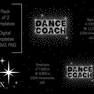 Könnte beinhalten: Zwei digitale Vorlagen für Strassdesigns mit dem Text "DANCE COACH" in einem weißen rautenförmigen Design auf schwarzem Hintergrund. Das größere Design ist 9,5 Zoll hoch und 11 Zoll breit, während das kleinere Design 7,6 Zoll hoch und 8,8 Zoll breit ist. Beide Designs verwenden 1034 Strasssteine.