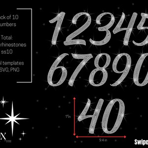 Könnte beinhalten: Eine schwarze Grafik mit Strass-Zahlen von 1 bis 0 sowie der Zahl 40. Die Zahlen sind in einer stilvollen Schriftart gehalten und bestehen aus kleinen, glitzernden Strasssteinen. Die Zahl 40 ist 17,8 cm hoch und 23,9 cm breit.