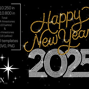 Modèle de bonne année 2025 strass pour strass de taille ss10 & ss16, conception de réveillon du nouvel an, svg