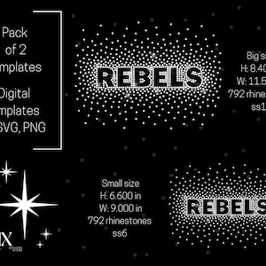 Puede incluir: Plantillas digitales en formatos SVG y PNG. La imagen presenta la palabra "REBELS" en un diseño de pedrería, disponible en dos tamaños: 21,3 cm de alto por 29,2 cm de ancho y 16,8 cm de alto por 22,9 cm de ancho. El diseño incluye 792 pedrerías.