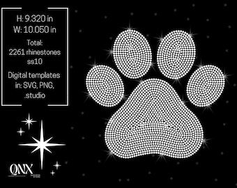 May include: A white rhinestone paw print design with 2261 rhinestones. The design is 9.32 inches tall and 10.05 inches wide. Digital templates are available in SVG, PNG, and .studio formats.