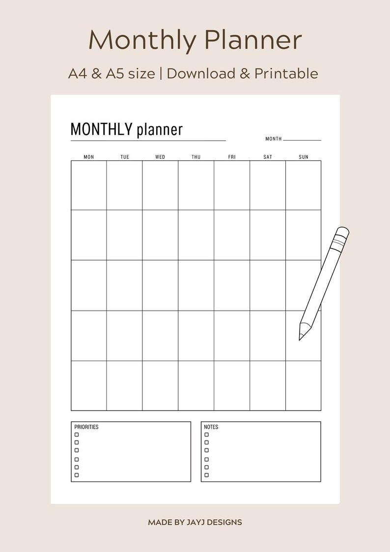 Monthly Planner PDF A4 &amp; A5 Digital Download Printable - Etsy