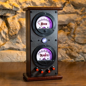 Industrial Automatic Man Cave Clock - Self-Setting Steel Control Panel Clock with Analog Gauges, Nixie Pilot Light and Knobs in a Hardwood Case