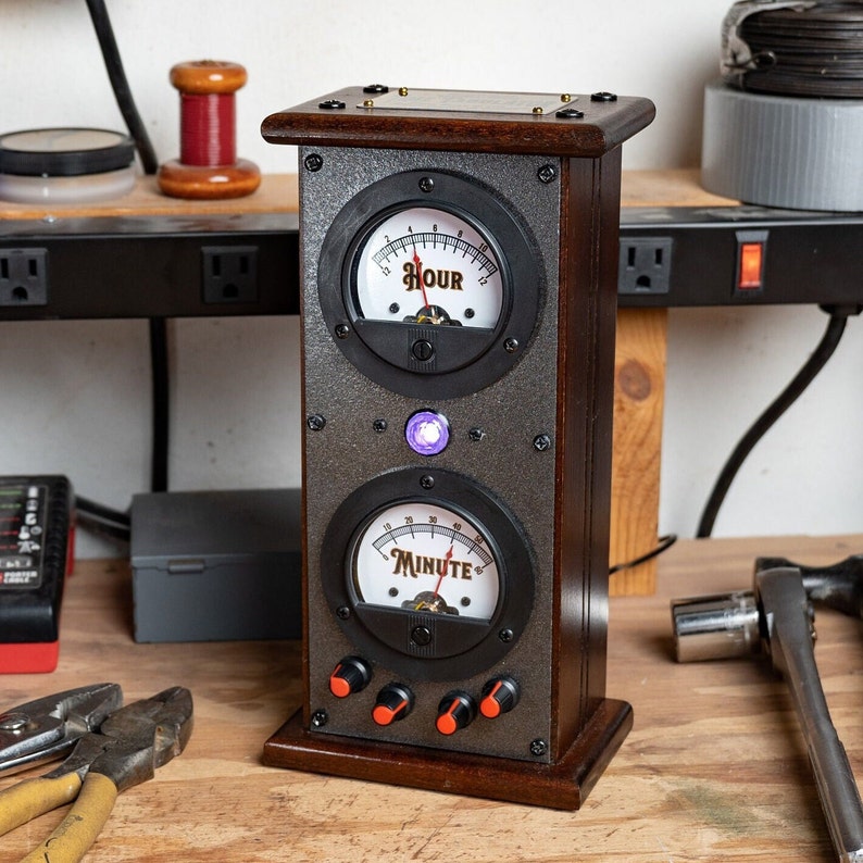 Industrial Automatic Man Cave Clock - Self-Setting Steel Control Panel Clock with Analog Gauges, Nixie Pilot Light and Knobs in a Hardwood Case
