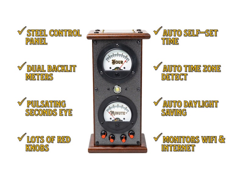 Industrial Automatic Man Cave Clock - Self-Setting Steel Control Panel Clock with Analog Gauges, Nixie Pilot Light and Knobs in a Hardwood Case