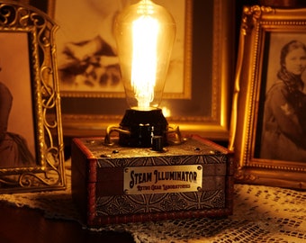 Steampunk Table Lamp - Dimming LED Edison Bulb in a Vintage Retro Wood Base - Steampunk Decor Gift
