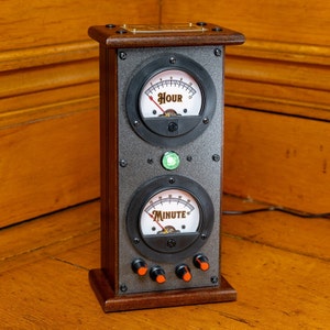 Industrial Automatic Man Cave Clock - Self-Setting Steel Control Panel Clock with Analog Gauges, Nixie Pilot Light and Knobs in a Hardwood Case