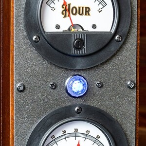 Industrial Automatic Man Cave Clock - Self-Setting Steel Control Panel Clock with Analog Gauges, Nixie Pilot Light and Knobs in a Hardwood Case