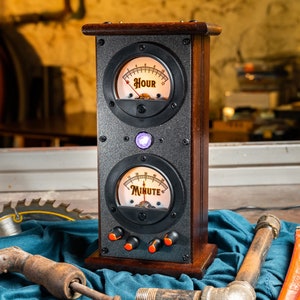 Industrial Clock - Man Cave Self-Setting Steel Panel Clock with Gauges and Nixie Tube Pilot Light