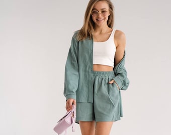 Leinen Set, zwei Stück Set, Frau Anzug, Leinen Kleidung, Leinen Langarm-Shirt, Sommer-Set, Frauen Leinen Shorts, hoch taillierte Shorts