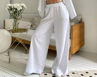Linen Palazzo Pants, Wide Leg Trousers