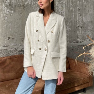 Tweed blazer women, green jacket, women white blazer, Tweed jacket with pockets, Formal blazer women