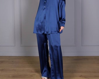 Two piece suit women, Shirt and pants set women, Blue womens suit, Silk suit women, Palazzo suit