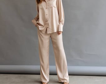 Silk Blend Women's Suit: Shirt and Elastic Waist Trousers