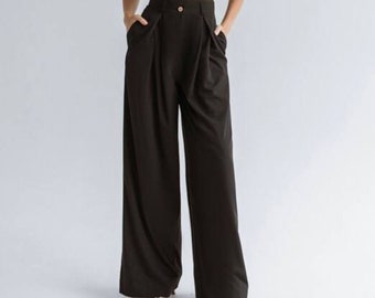 High Waisted Palazzo Pants, Tiar Cotton Blend Wide Leg Trousers