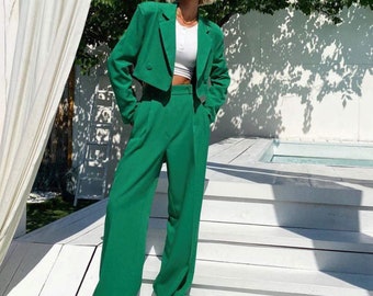 Women's Blazer Suit+Wide Leg Pants, Double Breasted Blazer, High Waist Trousers, Wedding, Bridesmaid, Cocktail, Office Lady wear