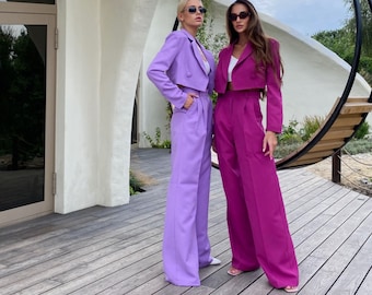 Double Breasted Blazer Suit, Wide Leg Trousers, Office Lady Wear