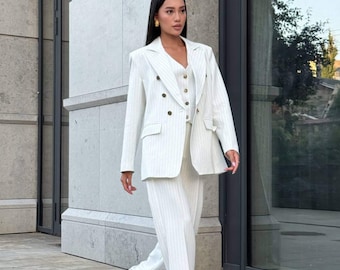 White Pinstripe Three-Piece Suit, Armani Silk Lining