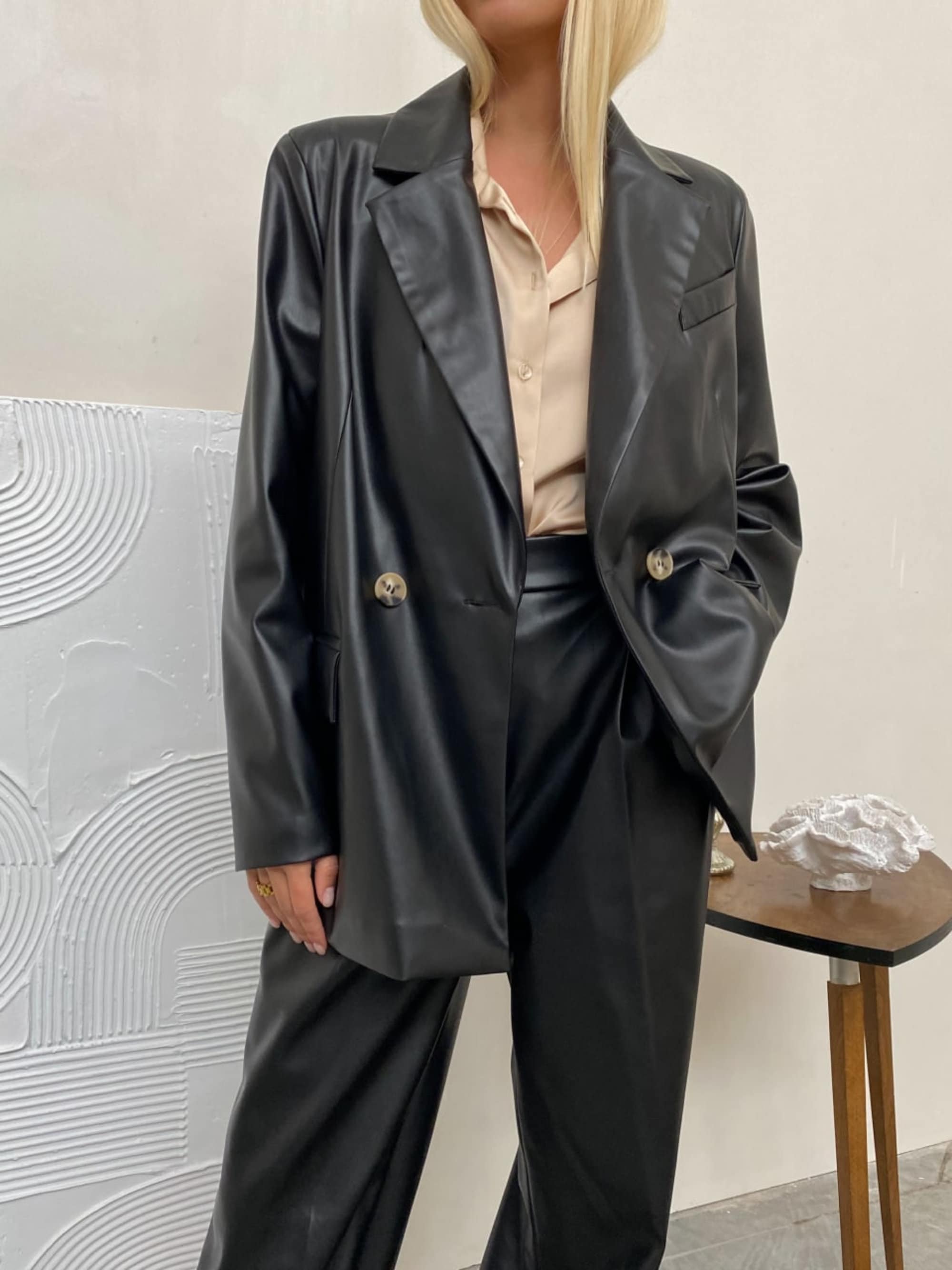 Women's 2 Piece Suit, Eco Leather Pants Suit, Palazzo Pants Suit, Women
