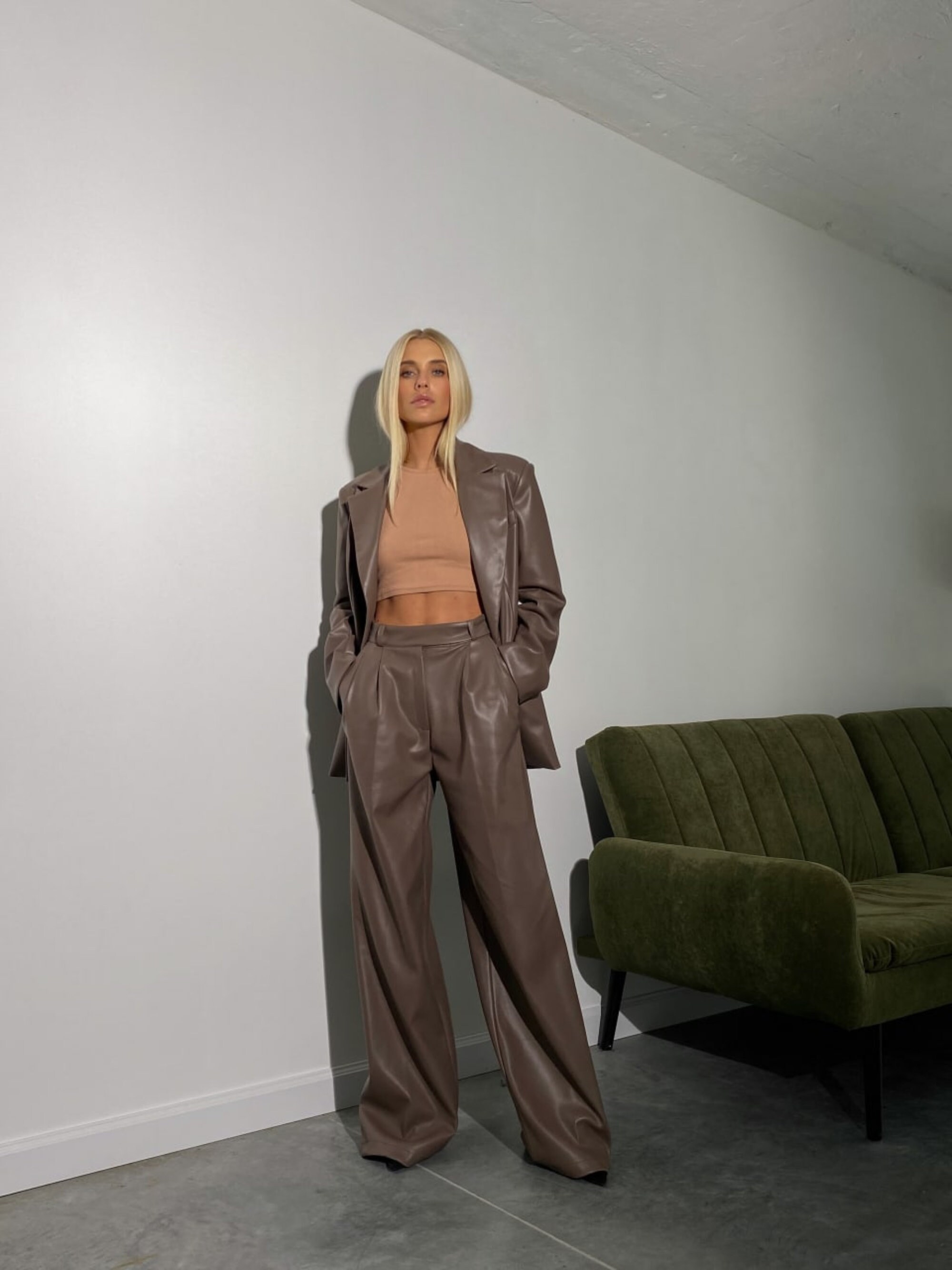 Women's 2 Piece Suit, Eco Leather Pants Suit, Palazzo Pants Suit, Women