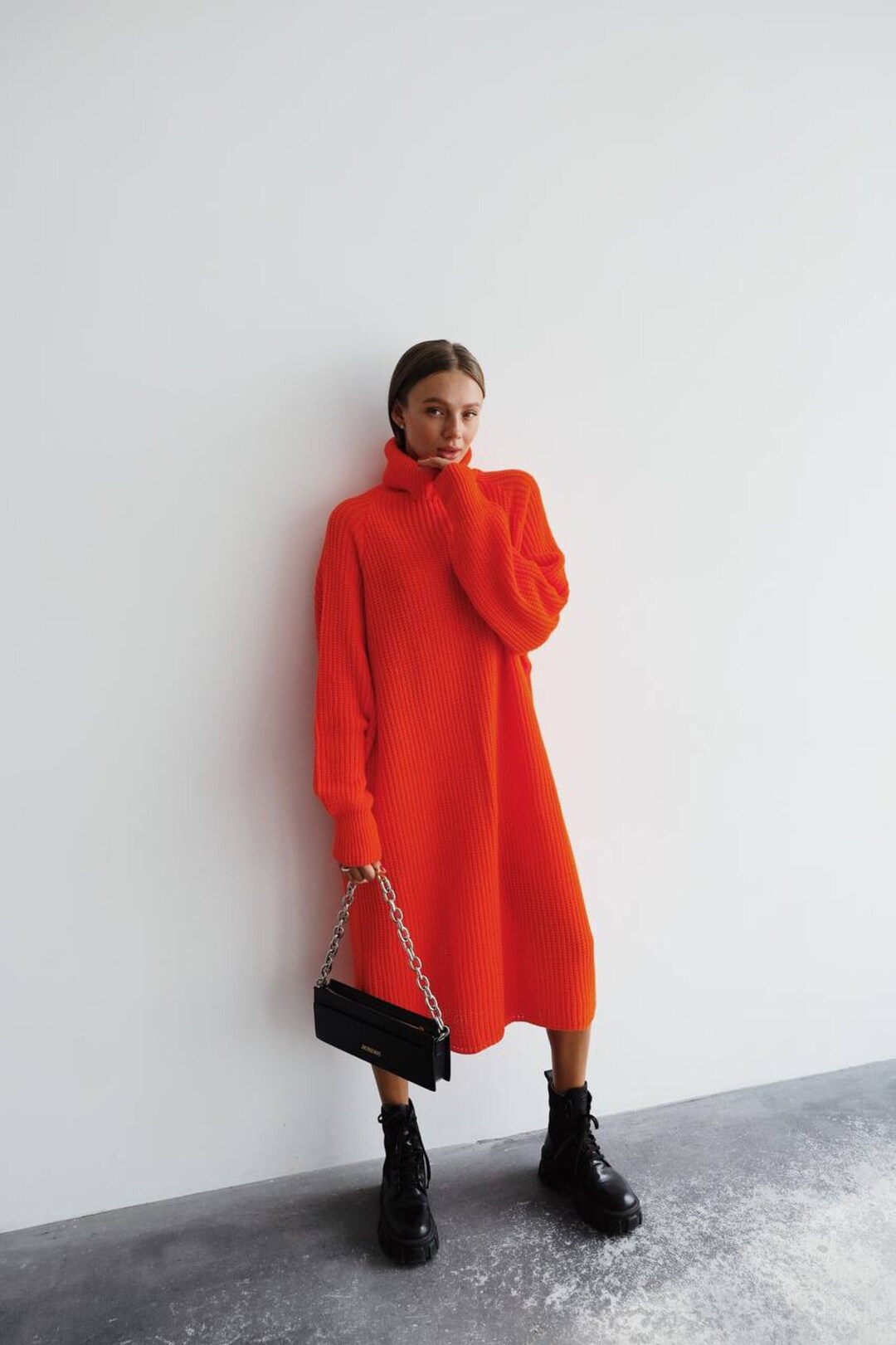 Women Long Sleeve Knitted Dress Autumn Winter Solid Color Etsy